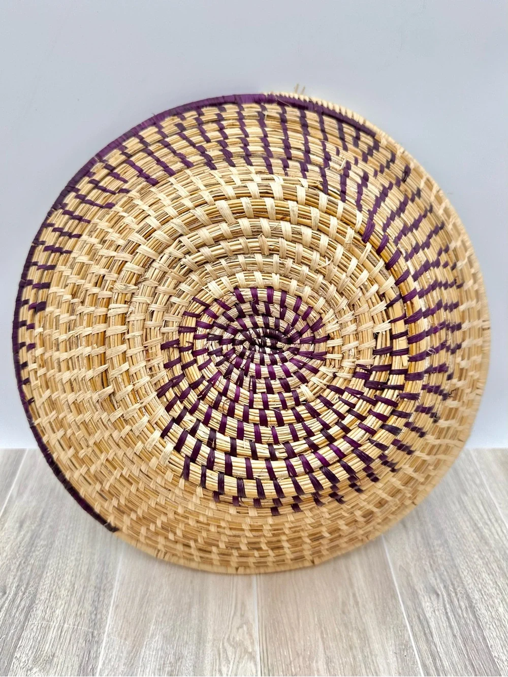 Handmade Woven Purple Sweet Grass Spiral Coiled Basket Bowl Wall Hang Decor 12”